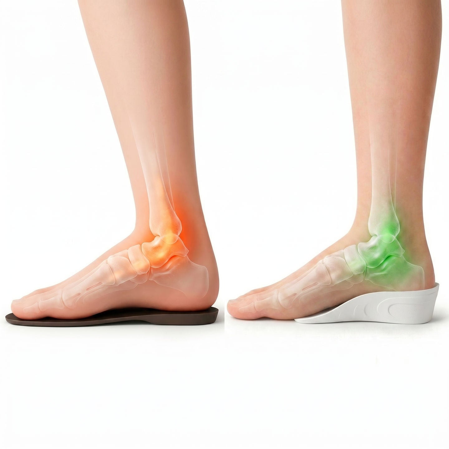 Side view of cushioned HighPads support compared with a hard heel wedge