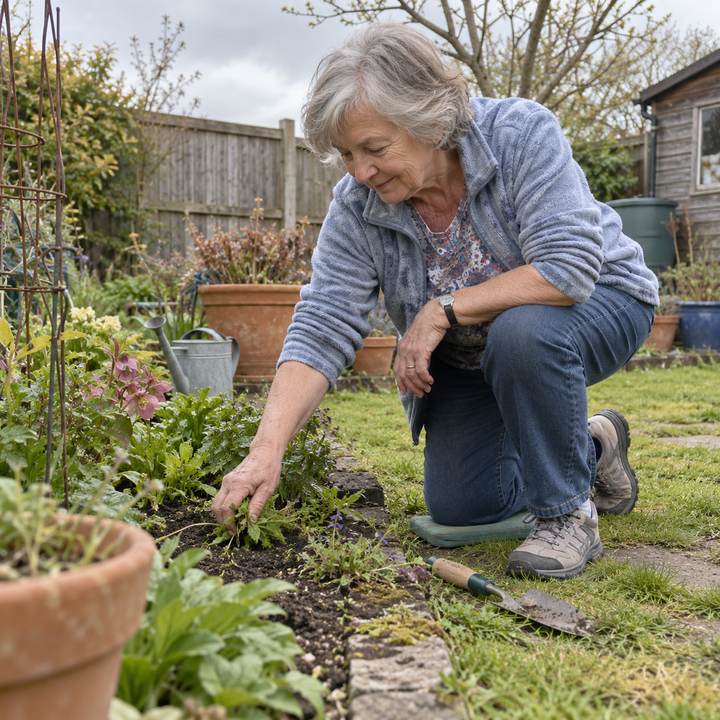 Tending a garden bed near the ground