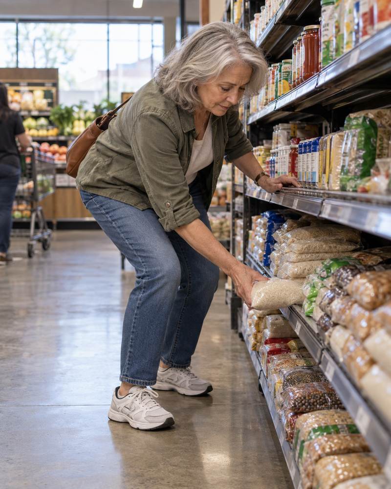 Woman reaching for an item on a low grocery shelf