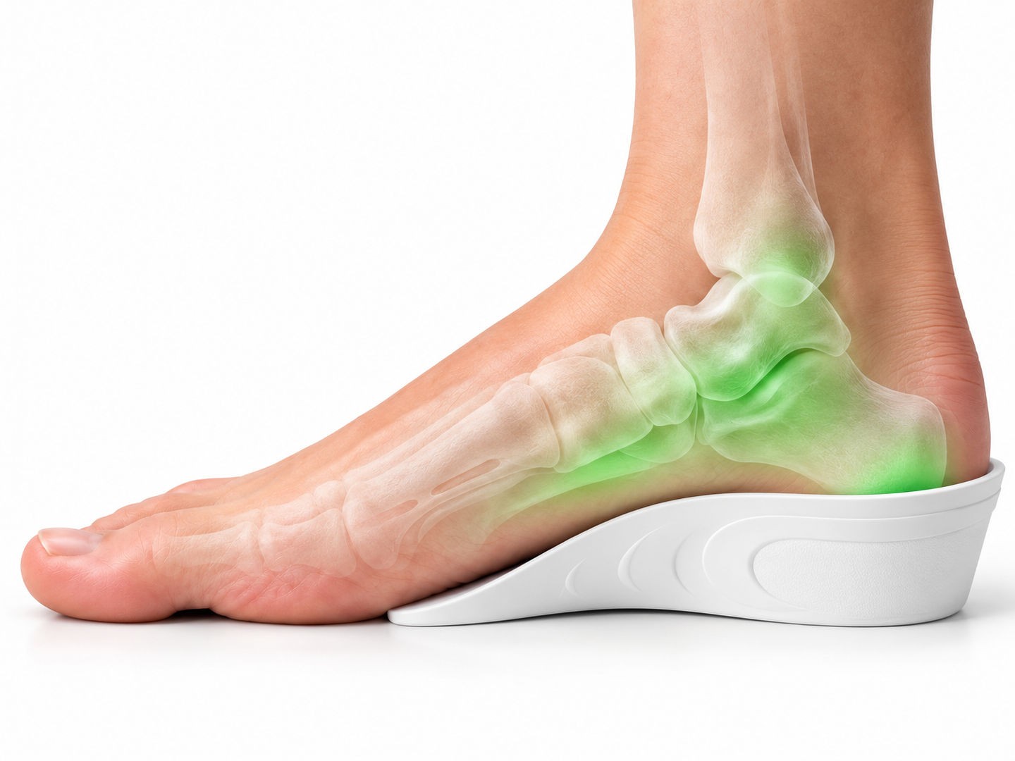 Side view of the HighPads insert supporting the heel and arch while the forefoot rests on the floor
