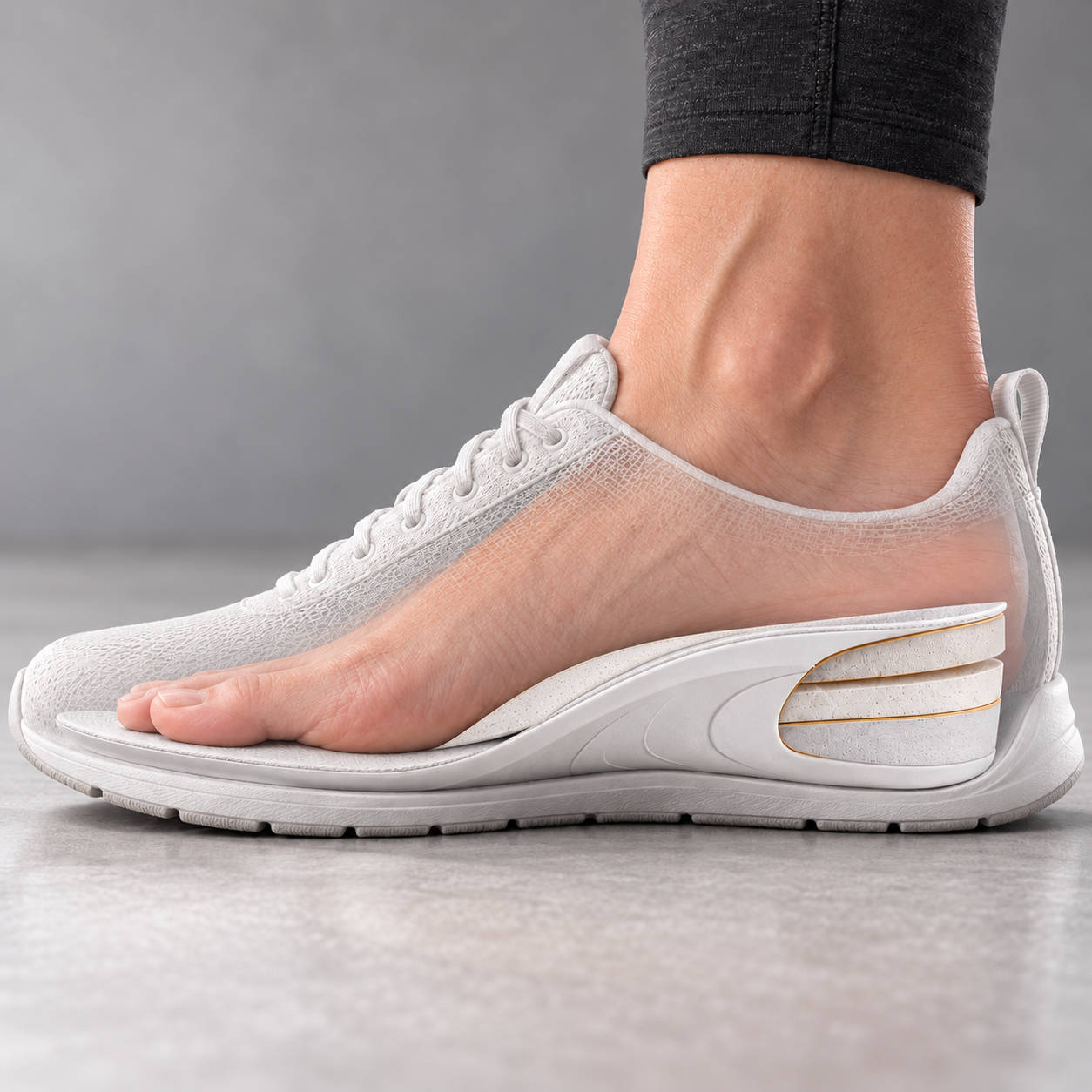 Side cutaway of a foot in a walking shoe on a gradual HighPads heel-to-arch incline