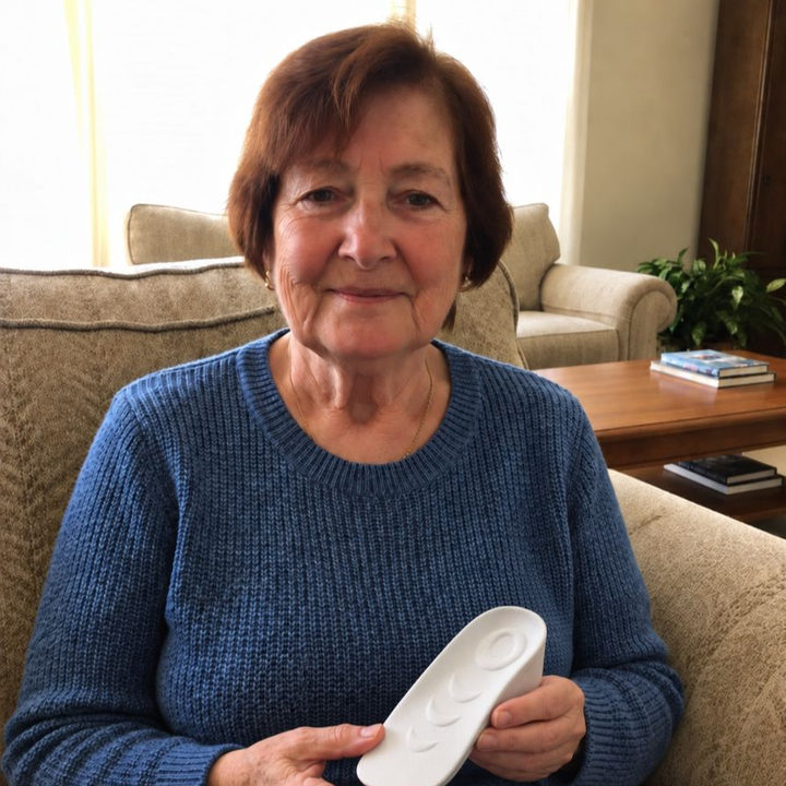 Older woman holding a white three-quarter-length insert at home