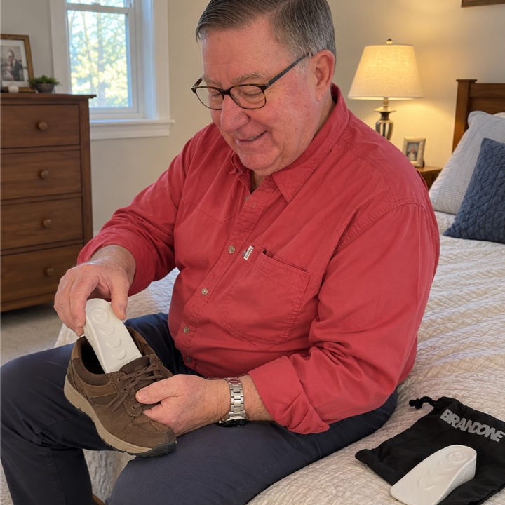 Man in a red shirt placing a HighPads insert into his brown walking shoe